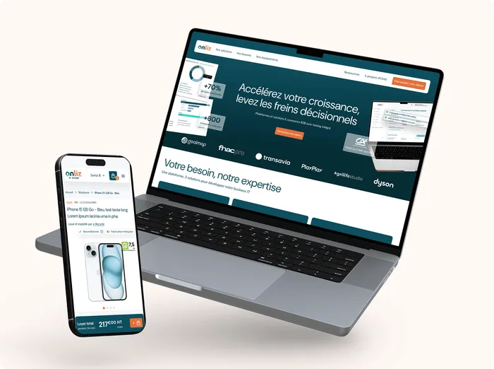 image d'illustration de la page onliz store - ordinateur et smarpthone avec la page d'accueil Onliz en fond d'écran